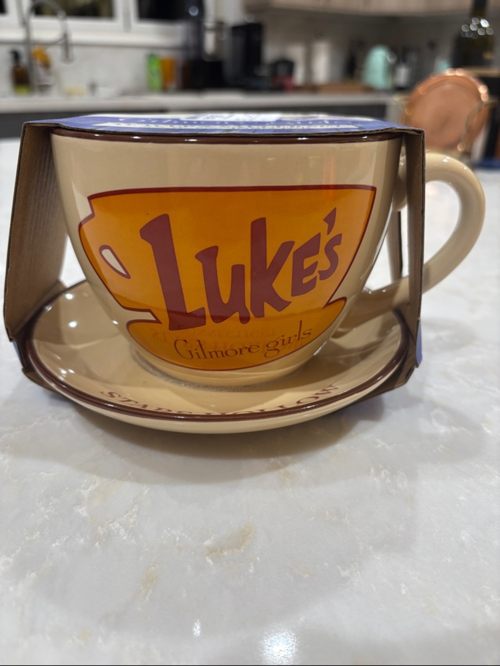 NWT Luke's Gilmore Girls Ceramic Cup & Saucer - Beige with Orange Logo